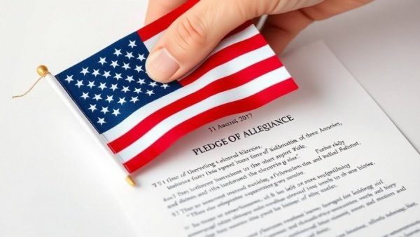 Hand holds American flag over Pledge of Allegiance, symbolizing Trump green card crackdown.