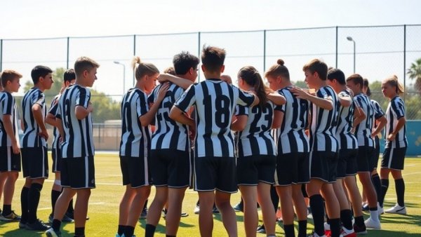 Adolescent sports team huddle showcasing unity at an outdoor field.