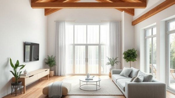 Cozy living room with hidden TV and minimalist decor, bright and airy.