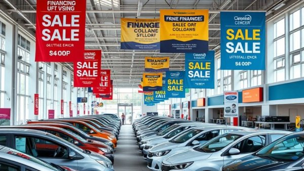 Colorful car dealership with sale banners for sub-$25k cars.