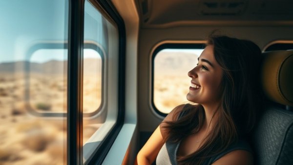 Woman enjoying Amtrak California Zephyr journey, looking out window.