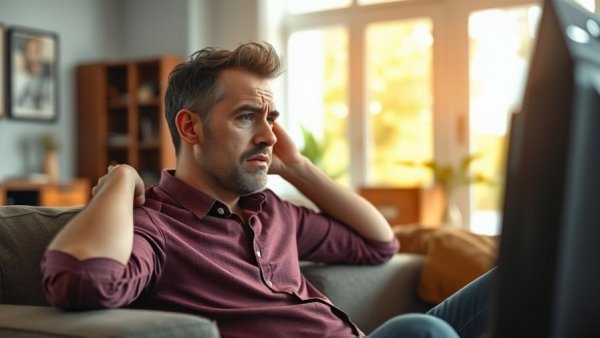 Frustrated man with TV issues in a bright living room, pondering 'Can a Smart TV Work Without Wi-Fi?'