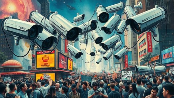 Surreal collage depicting AI resistance themes with protest and technology.