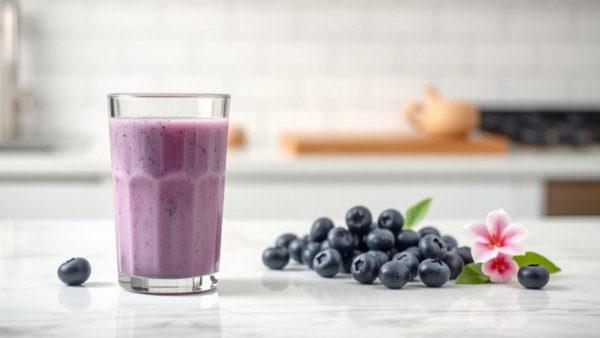 Healthy blueberry milk for toddlers in a pastel jar on a marble counter.