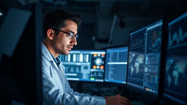 Scientist analyzing data in a dimly lit lab for AI brain efficiency.
