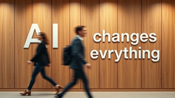 Dynamic scene of people walking past 'AI changes everything' sign, talent management focus.