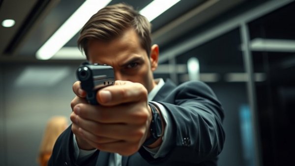 Intense agent aiming gun in stylish setting, 007 First Light reviews.