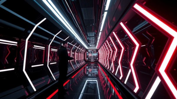 Futuristic corridor showcasing AI in rebranding with neon lights.