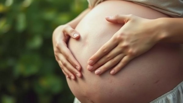 Hands forming heart on pregnant belly, peaceful nature backdrop