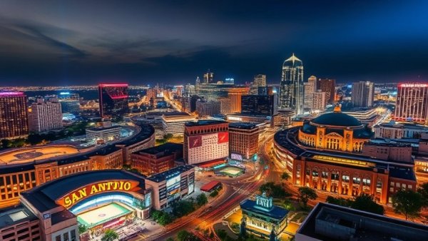 San Antonio sports events night cityscape with vibrant stadium.