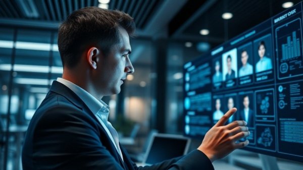 HR technology in a modern office with digital screens.
