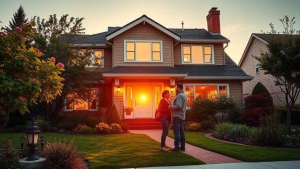 Home exterior with visitors and open house sign at sunset in Omaha.
