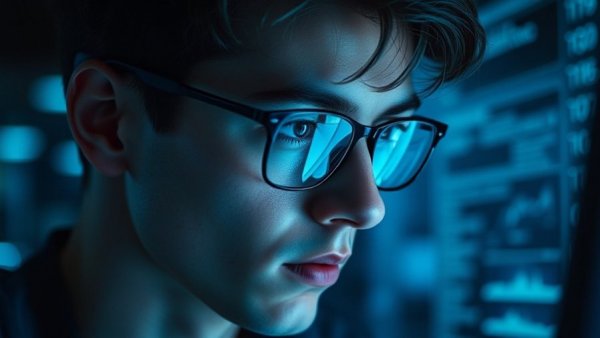 Focused young professional analyzing data reflecting on glasses, representing hiring trends.