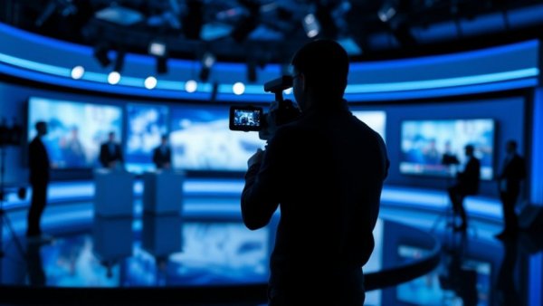 Television studio with cameraman filming anchors, related to firing for offensive language.