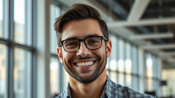 Confident young man smiling in modern office for AI infrastructure investments.