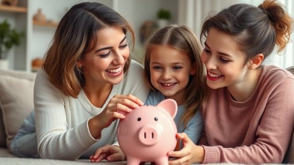 Mother teaching daughter generational wealth strategies by saving in piggy bank.