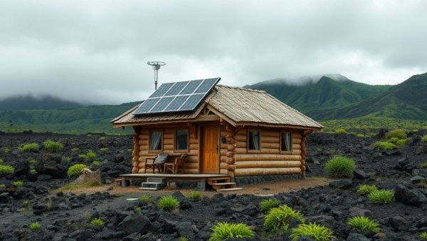 Off-grid tiny house with solar panels in volcanic landscape