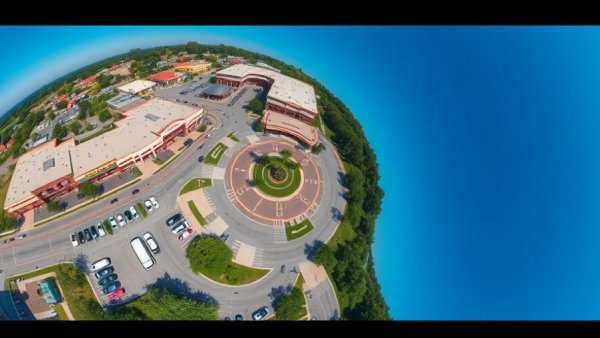 Aerial view of Shadow Lake shopping center showcasing a roundabout.