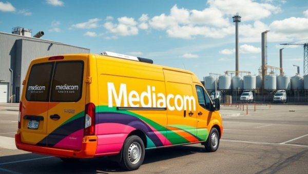Mediacom 5-Gig Internet service van in urban setting.