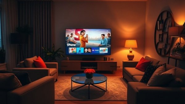 9Now Connect TV live stream interface in a modern living room.