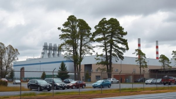 Omaha families viewing a large factory with trees and a fence.