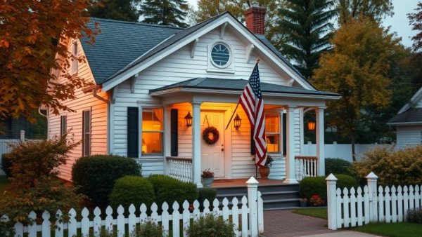 Charming white house in Vermont with flag and picket fence, ideal setting.