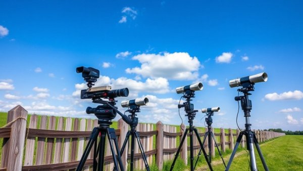 Broadband infrastructure setup with cameras in a field.
