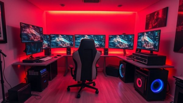 Optimize Ping for Online Gaming: High-tech gaming setup with red lighting.