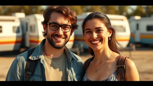 Two friends posing outdoors on a sunny day with trailers behind.