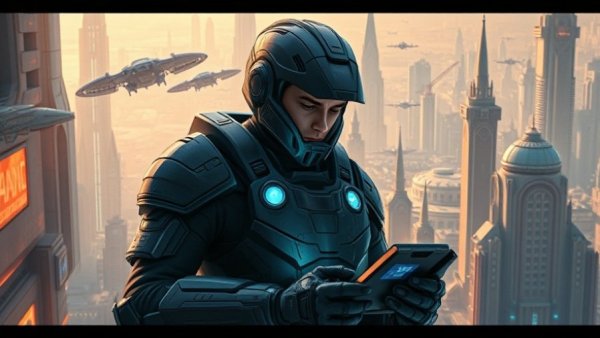Futuristic soldier in a utopian cityscape examining a device.