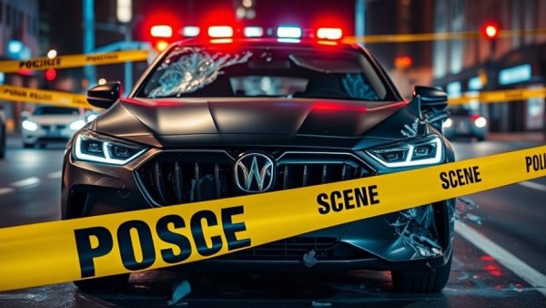 Fatal crash on I-65 showing car and police tape amid broken glass.