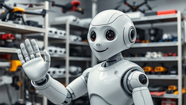 Smiling humanoid robot waving in a tech workshop