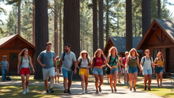Campers walking at Texas camp with cabins in forest.