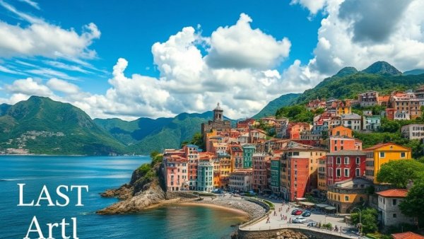 Colorful buildings in a coastal village overlooking a blue sea.