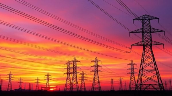 Silhouetted electrical towers during sunset, broadband infrastructure funding symbol.