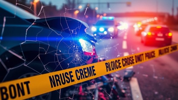 Dramatic car crash scene with shattered glass and police tape on I-65.