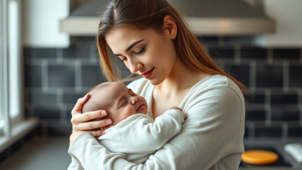 BCG Canada caregiver support scene with a young woman holding a baby in the kitchen.