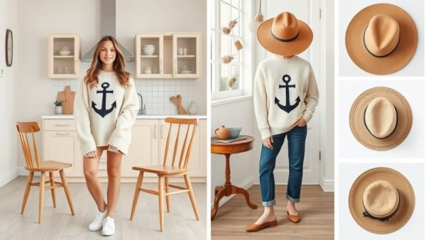 Stylish collage including kitchen, anchor sweater, chair, sandals, hats.