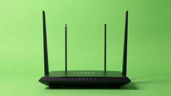Sleek black Wi-Fi router with antennas on a green background