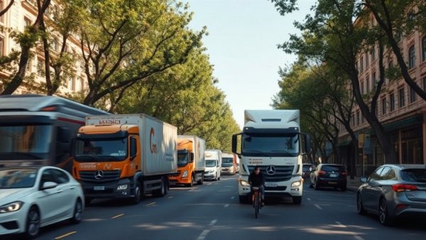 New York City street with moving trucks and cyclist.