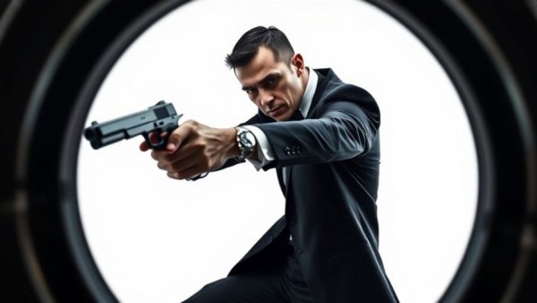 Stylized secret agent poised within a gun barrel frame, future of James Bond video games.