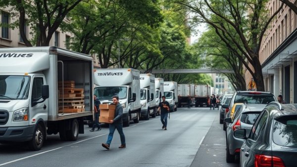 Moving trucks unloading on a street in NYC, reflecting moving costs.