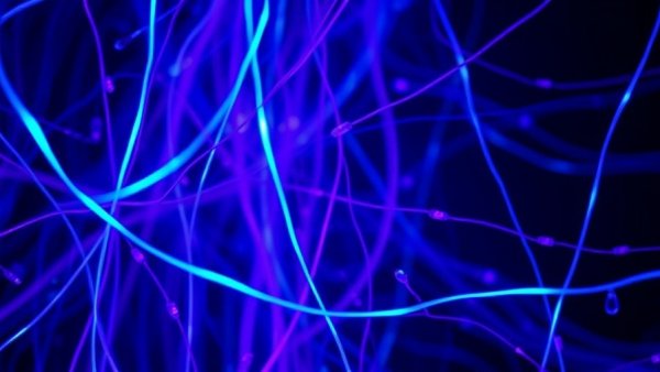 Vibrant neon light strands in dark, resembling glowing fibers.