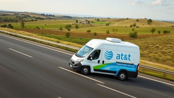 AT&T service van driving on open road promoting internet plans.