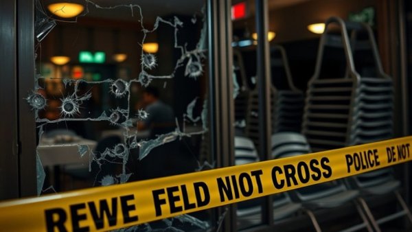 Carpentersville shooting incident scene with police tape and damaged windows.