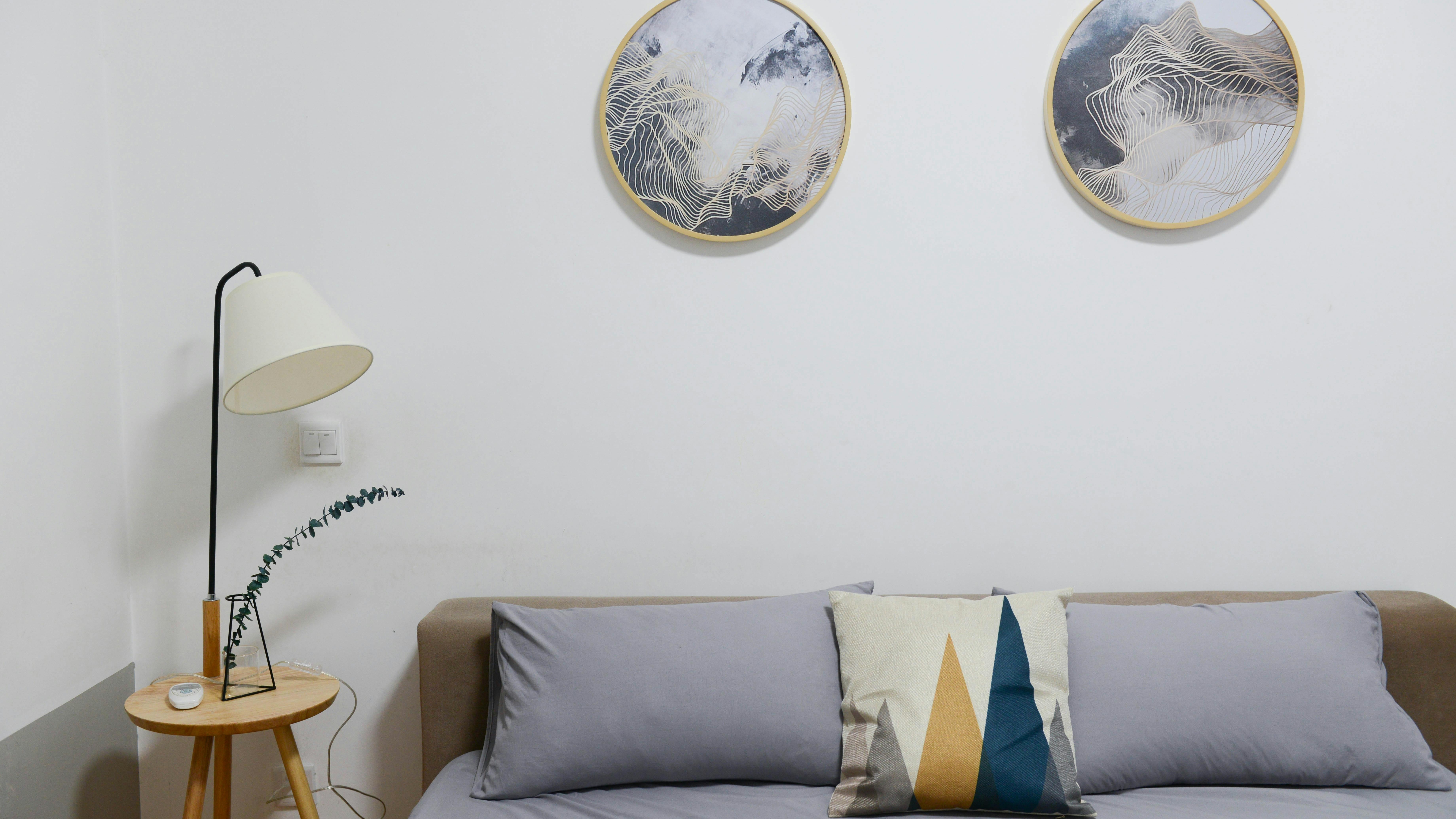 Minimalist bedroom showcasing painters drop cloth projects.