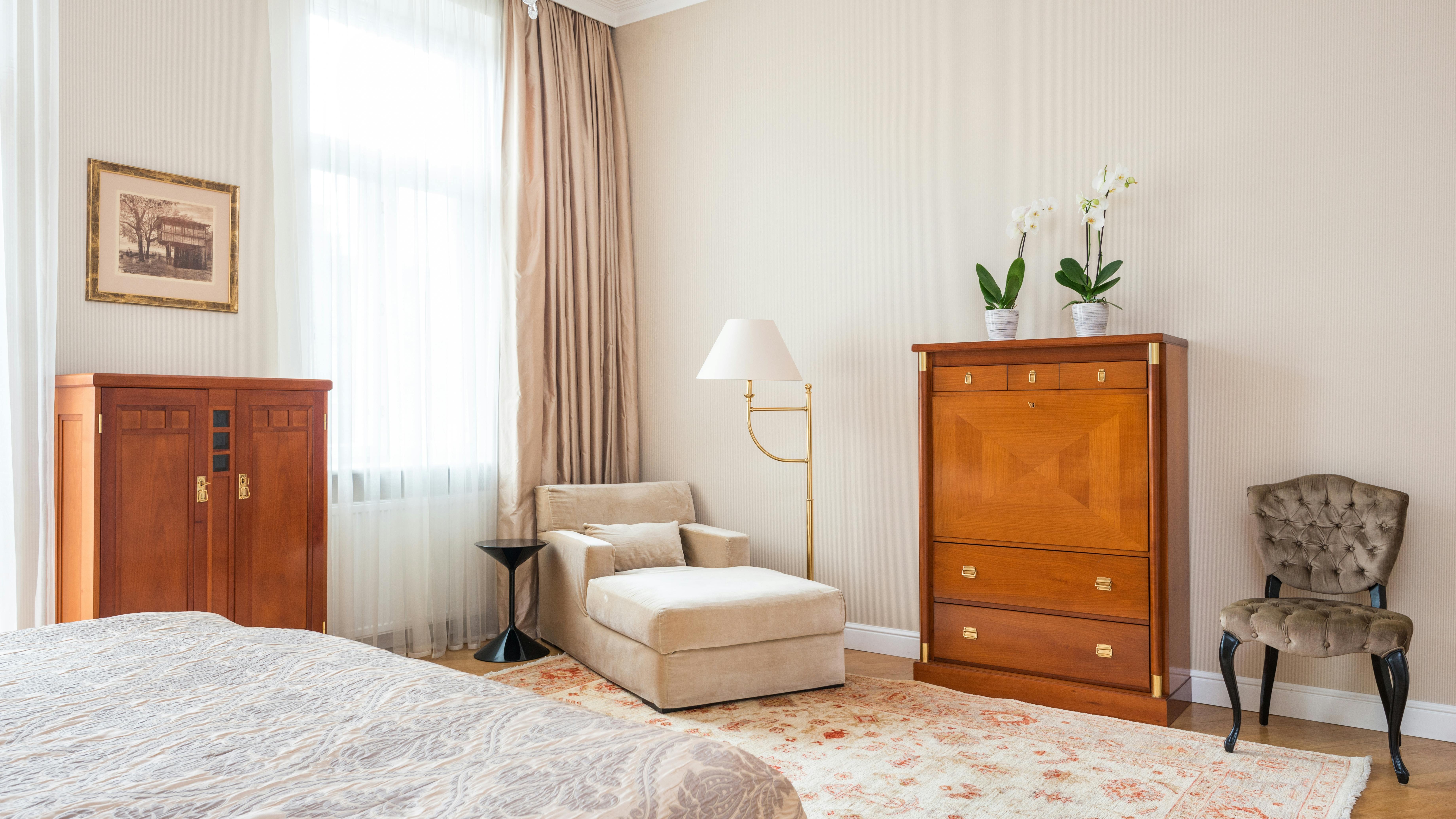 Bamboo storage solutions with wooden drawer organizer.