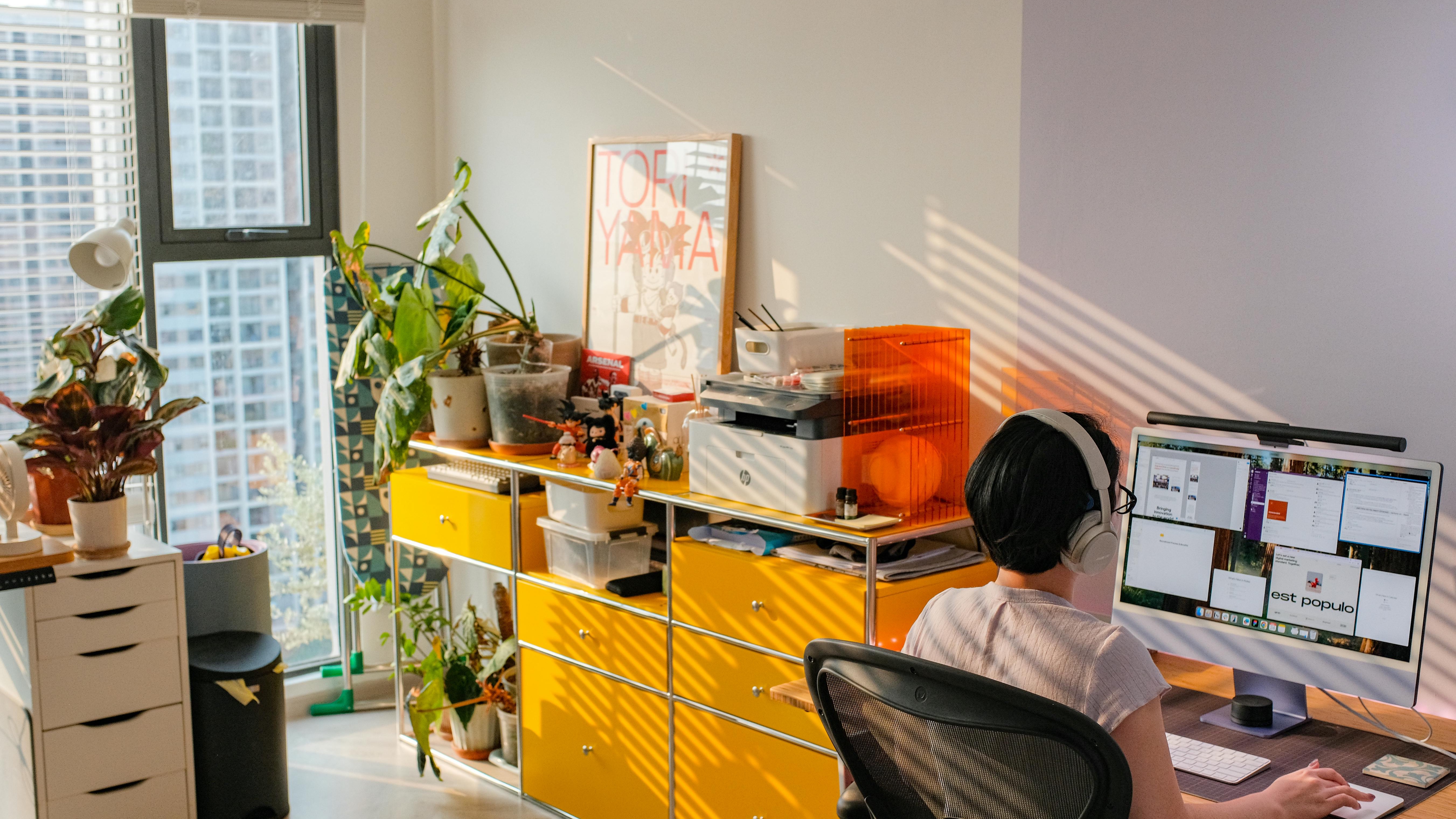 Trendy home office design with modern furnishings and open layout.