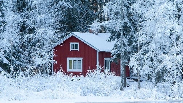 Off-grid tiny living container home with solar panels in autumn.