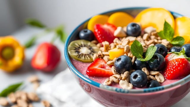 Fiber-rich toddler breakfast with oatmeal, blueberries, and granola.